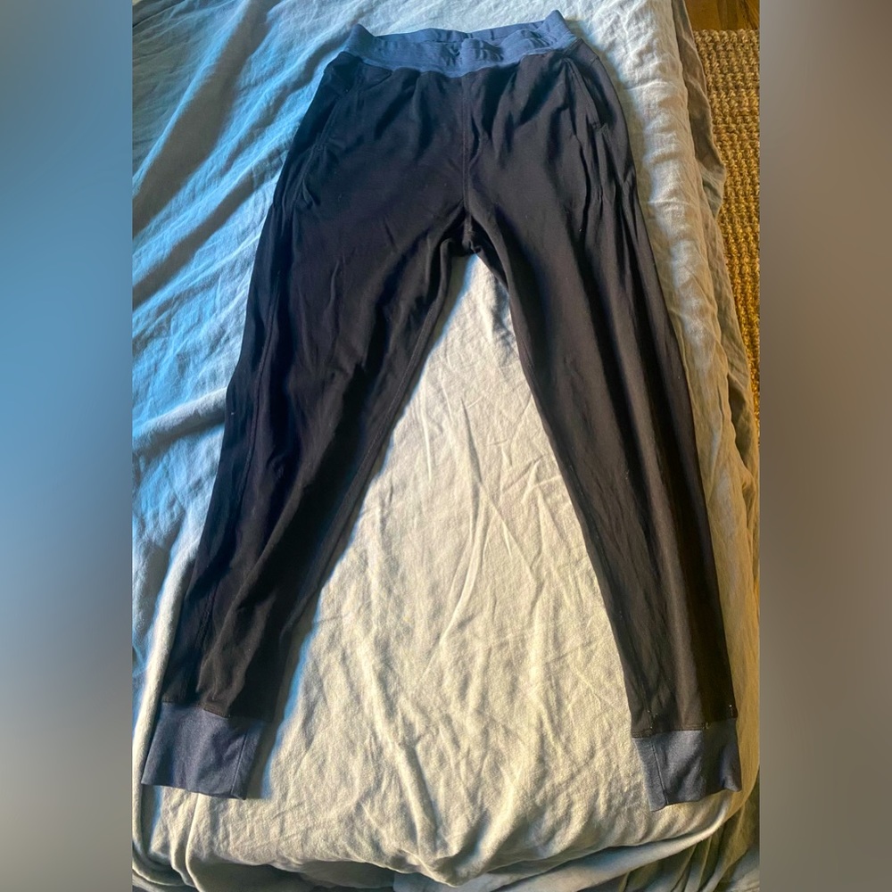 Wool& women’s merino wool joggers in black w blue trim